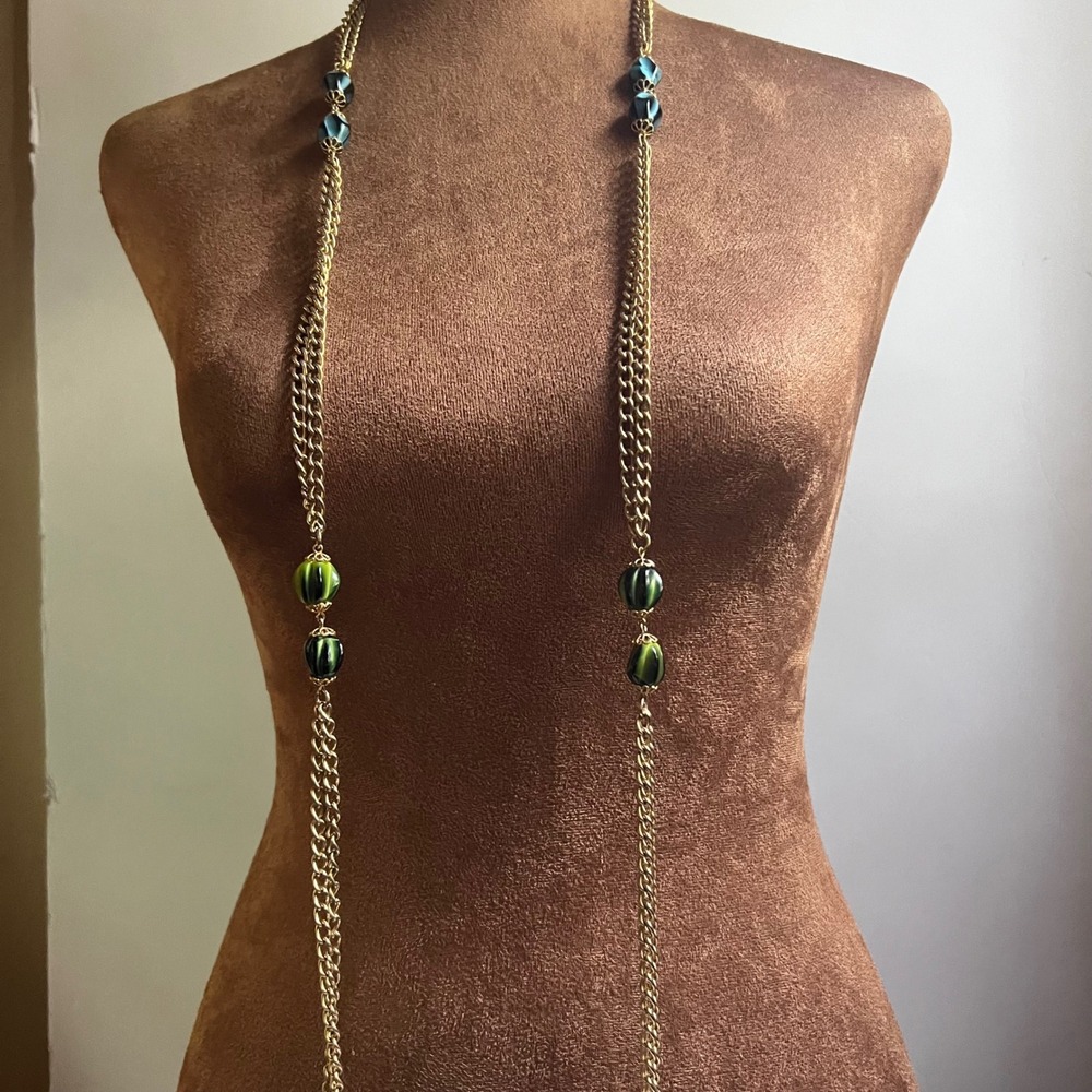 Vintage 62 Inch Gold Tone‎ Art Glass Bead Extra Long Rope Necklace Whimsigoth